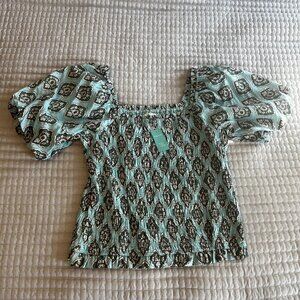 NWT Maurices Women’s Top Teal Black Pattern Crop Short Sleeve Boho Cotton